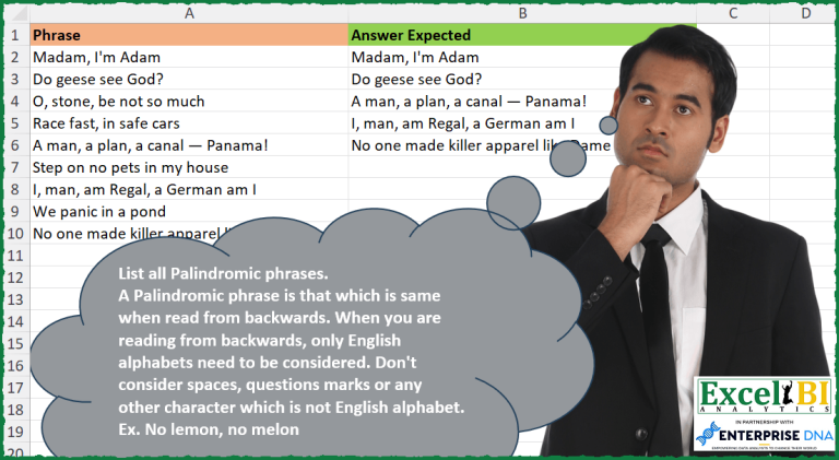 List all Palindromic phrases. | Excel, Power Query & Python Challenge